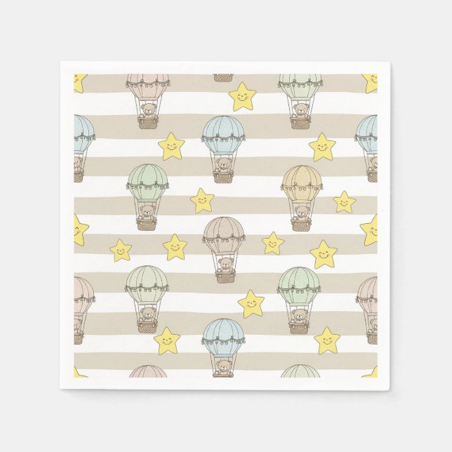 Cute Teddy Bear Hot Air Balloon Neutral Pattern 6 Napkin (Front)