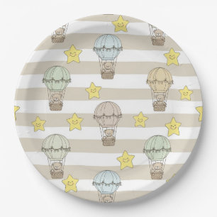 Cute Teddy Bear Hot Air Balloon Neutral Pattern 6 Paper Plate