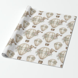 Cute Teddy Bear Hot Air Balloon Neutral Pattern 6 Wrapping Paper