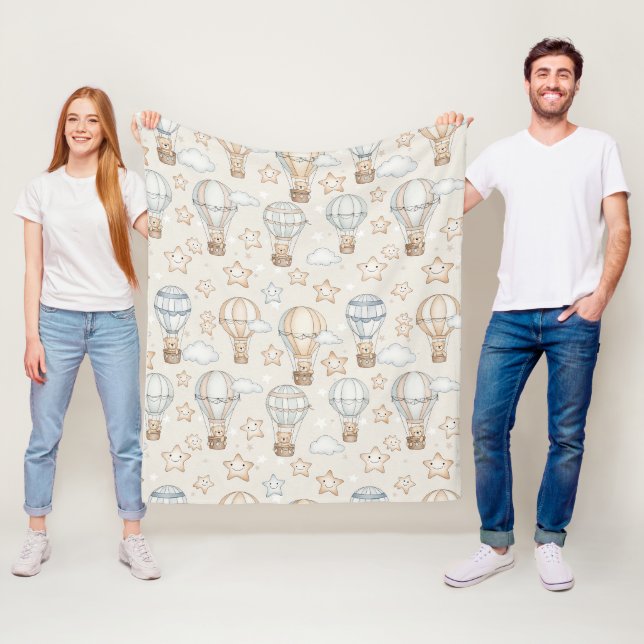 Cute Teddy Bear Hot Air Balloon Neutral Pattern 7 Fleece Blanket (In Situ)