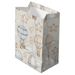 Cute Teddy Bear Hot Air Balloon Neutral Pattern 7 Medium Gift Bag