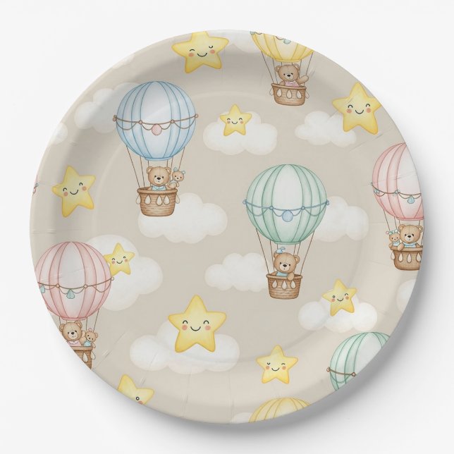 Cute Teddy Bear Hot Air Balloon Neutral Pattern 7 Paper Plate (Front)