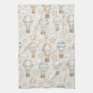 Cute Teddy Bear Hot Air Balloon Neutral Pattern 7 Tea Towel