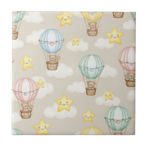 Cute Teddy Bear Hot Air Balloon Neutral Pattern 7 Tile