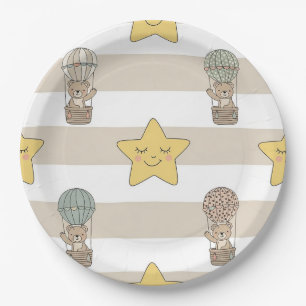 Cute Teddy Bear Hot Air Balloon Neutral Pattern 8 Paper Plate