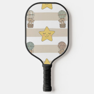 Cute Teddy Bear Hot Air Balloon Neutral Pattern 8 Pickleball Paddle