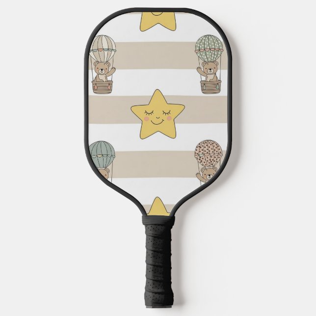 Cute Teddy Bear Hot Air Balloon Neutral Pattern 8 Pickleball Paddle (Front)