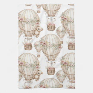 Cute Teddy Bear Hot Air Balloon Neutral Pattern 8 Tea Towel