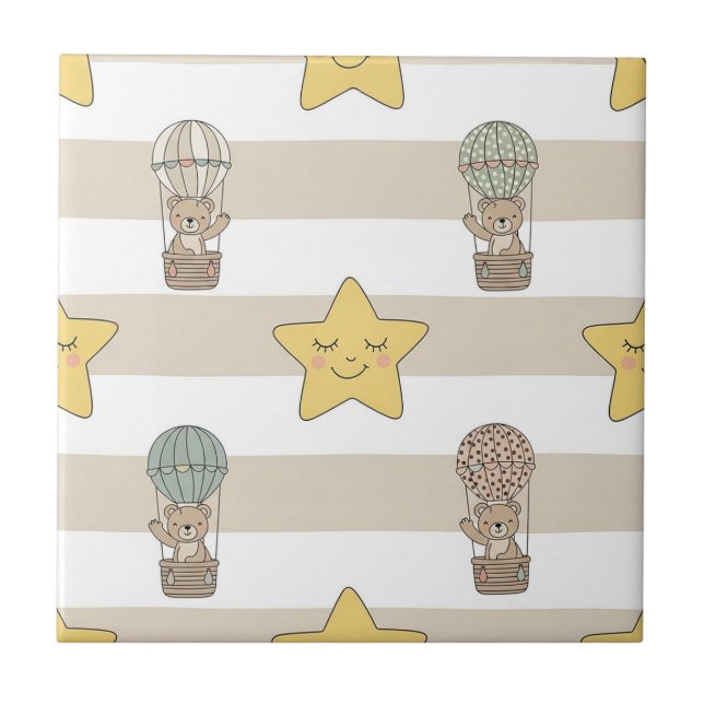 Cute Teddy Bear Hot Air Balloon Neutral Pattern 8 Tile (Front)