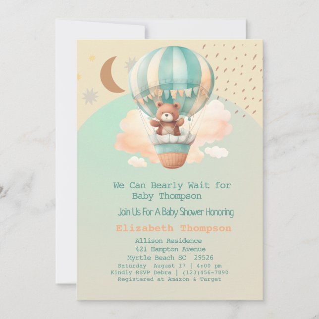 Cute Teddy Bear Hot Air Balloons  Baby Shower   Invitation (Front)