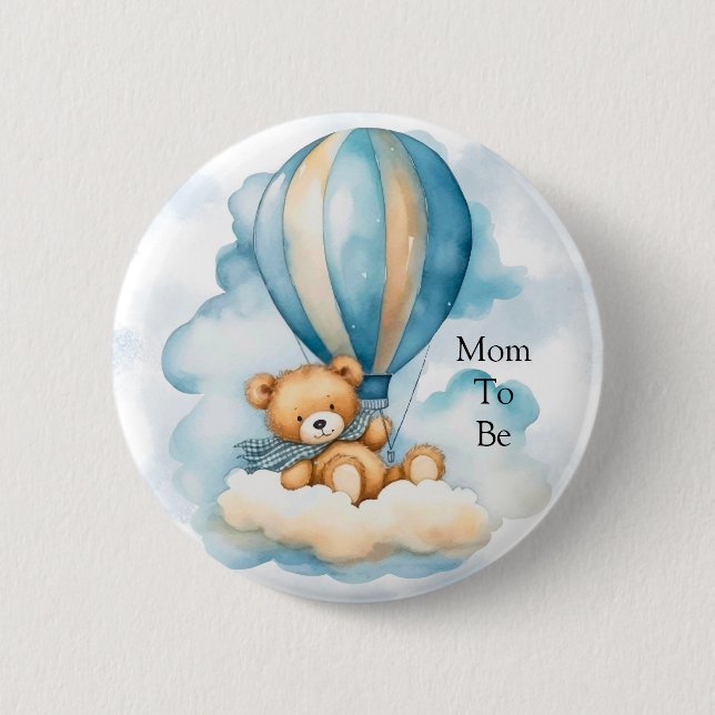 Cute Teddy Bear Hot Air Balloons Boy Baby Shower 6 Cm Round Badge (Front)