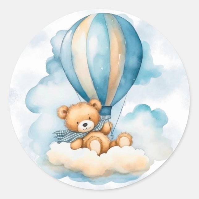 Cute Teddy Bear Hot Air Balloons Boy Baby Shower Classic Round Sticker (Front)