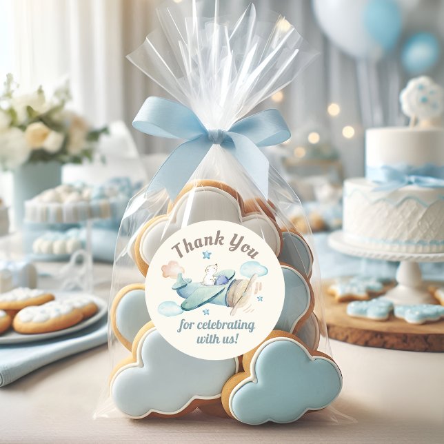 Cute Teddy Bear in Aeroplane Baby Shower Classic Round Sticker (Creator Uploaded)