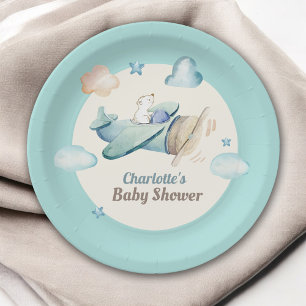 Cute Teddy Bear in Airplane Baby Shower Paper Plate