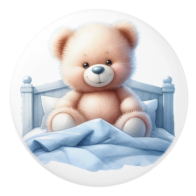 Cute Teddy Bear in bed, Kid's furniture, bedroom Ceramic Knob (Front)