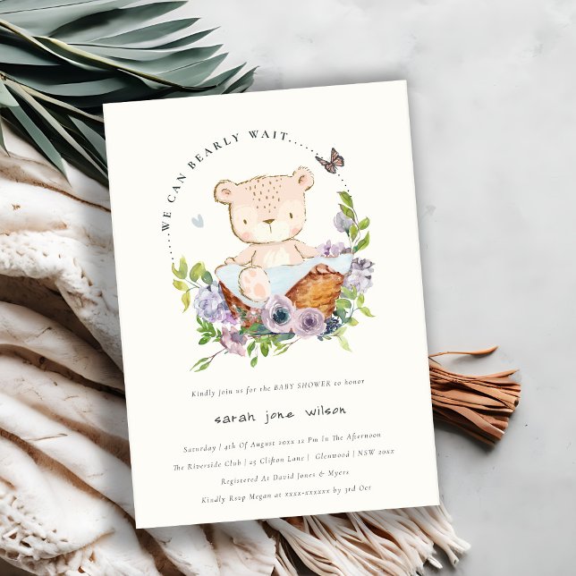 Cute Teddy Bear In Flower Basket Blue Baby Shower Invitation (Creator Uploaded)