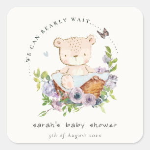 Cute Teddy Bear In Flower Basket Blue Baby Shower Square Sticker