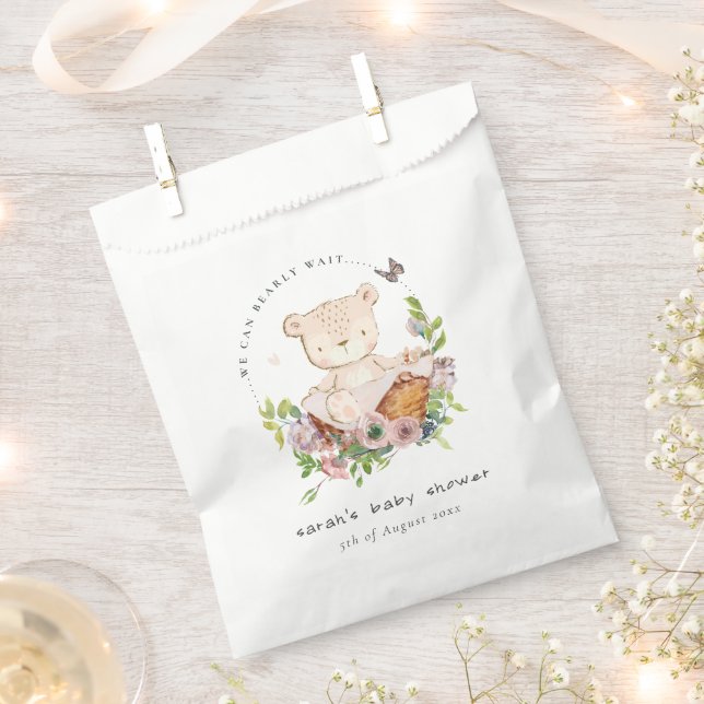 Cute Teddy Bear In Flower Basket Pink Baby Shower Favour Bags (Clipped)