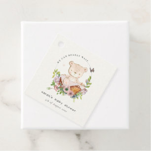 Cute Teddy Bear In Flower Basket Pink Baby Shower Favour Tags