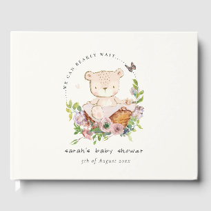 Cute Teddy Bear In Flower Basket Pink Baby Shower Guest Book
