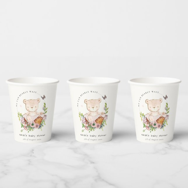 Cute Teddy Bear In Flower Basket Pink Baby Shower Paper Cups (Multi)