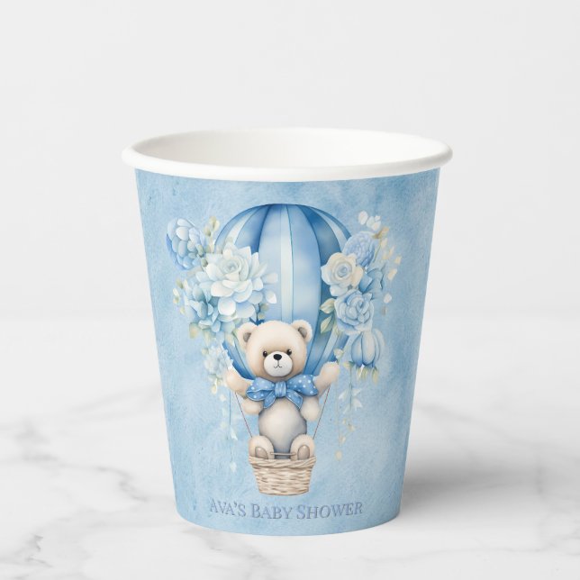 Cute Teddy Bear In Hot Air Balloon Boy Baby Shower Paper Cups (Front)