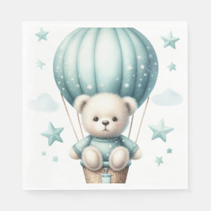 CUTE TEDDY BEAR IN PASTEL GREEN HOT AIR BALLOON NAPKIN