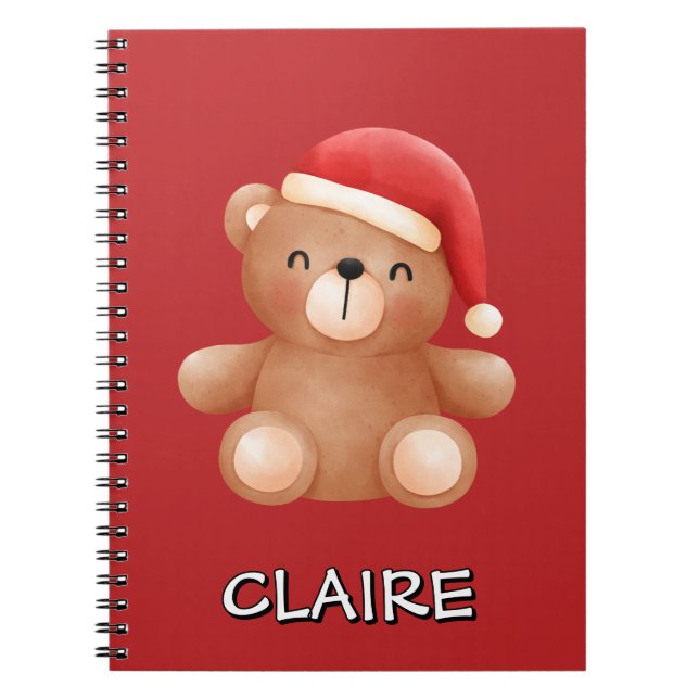 Cute Teddy Bear in Santa Hat Custom Name Notebook (Front)