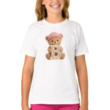 Cute Teddy Bear Initial B Floral Girls T-Shirt