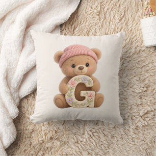 Cute Teddy Bear Initial G Baby Girl Throw Cushion