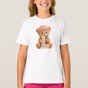 Cute Teddy Bear Initial L Floral Girls T-Shirt
