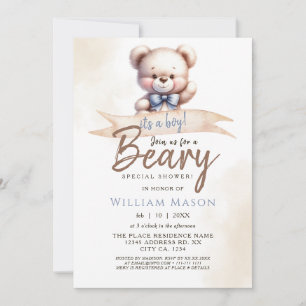 Cute Teddy Bear I's a Boy Baby Shower Watercolor Invitation