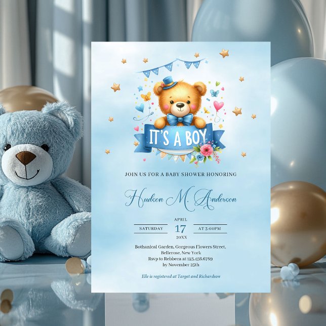 Cute teddy bear it's a boy baby shower invitation (playful cute teddy bear it's a boy baby shower invitation)