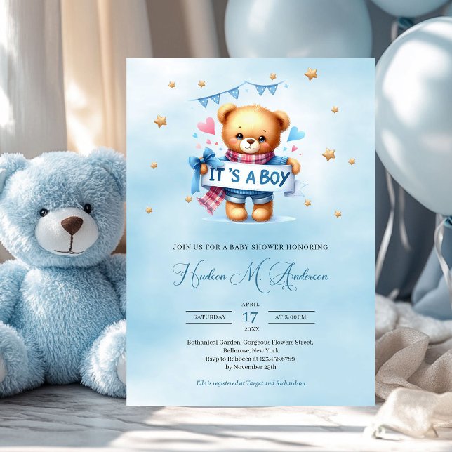 Cute teddy bear it's a boy baby shower invitation (watercolor teddy bear with ribbon it's a boy baby shower invitation)