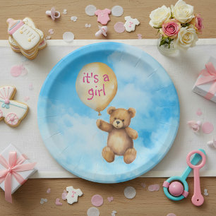 Cute teddy bear it's a girl balloon baby shower paper plate