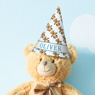 Cute Teddy Bear Kids Birthday Name Party Hat