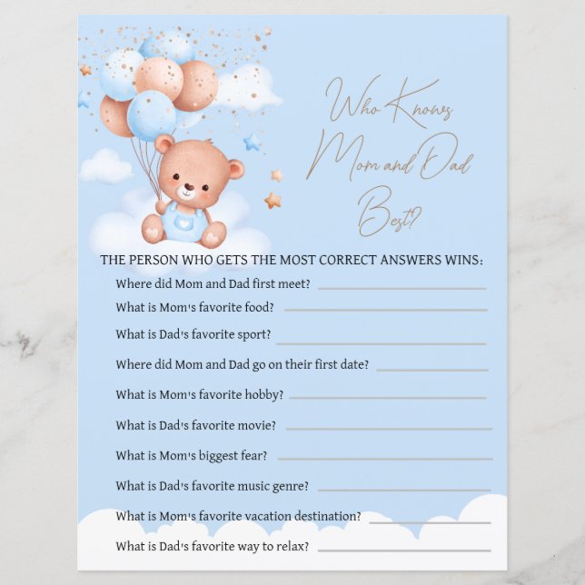 Cute teddy bear light blue baby shower game (Front)