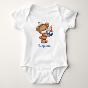 Cute Teddy Bear Littlle Sailor Personalised Baby Bodysuit