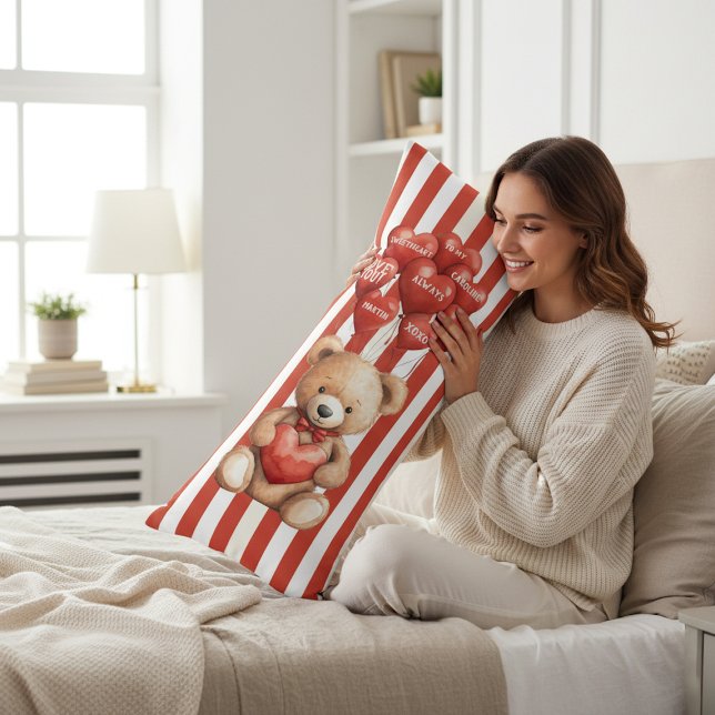 Cute Teddy Bear Love Heart Balloons Red White Body Cushion (Creator Uploaded)