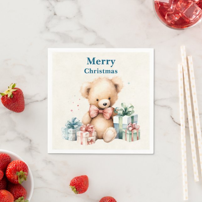 Cute Teddy Bear Merry Christmas Napkin (Insitu)