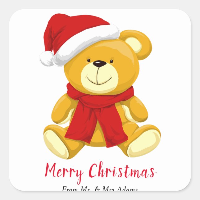 Cute Teddy Bear  Merry Christmas Square Sticker (Front)