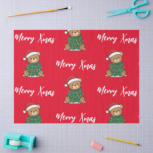 Cute teddy Bear Merry Christmas tree winter Xmas Tissue Paper