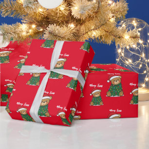 Cute teddy Bear Merry Christmas tree winter Xmas Wrapping Paper