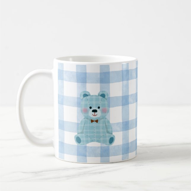 Cute Teddy Bear Mug | Blue Gingham Kawaii Cup (Left)