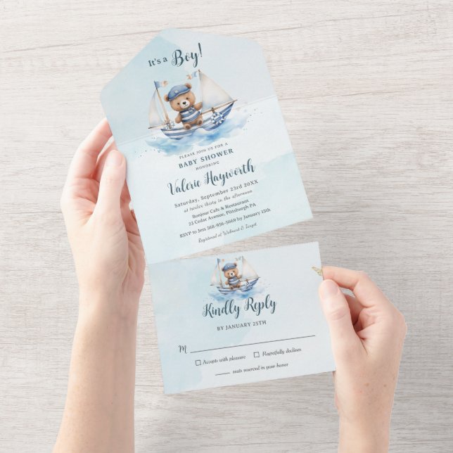 Cute Teddy Bear Nautical Boat Boy Baby Shower All In One Invitation (Tearaway)