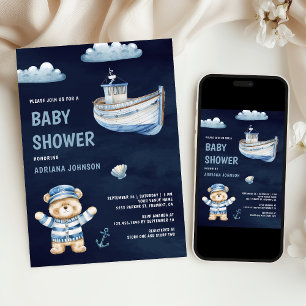 Cute Teddy Bear Nautical Boat Navy Baby Shower Invitation