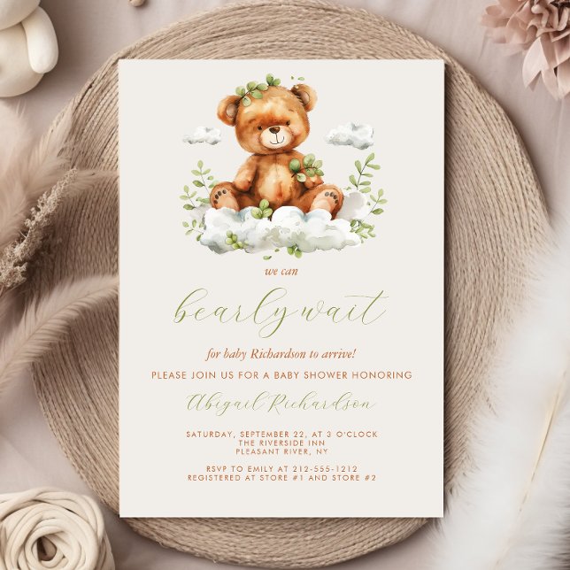 Cute Teddy Bear Neutral Green Leaves Baby Shower Invitation (Creator Uploaded)