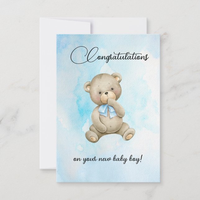 Cute Teddy bear new baby boy congratulations cards (Front)