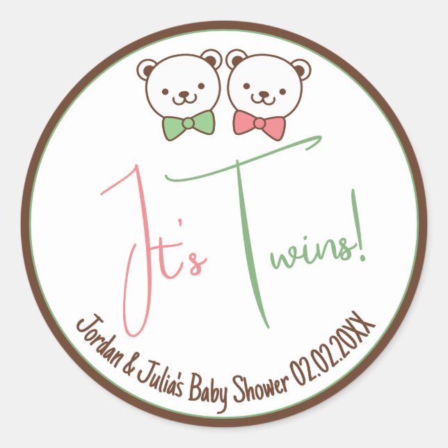 Cute Teddy Bear Nostalgic It's Twins Baby Shower Classic Round Sticker (Front)