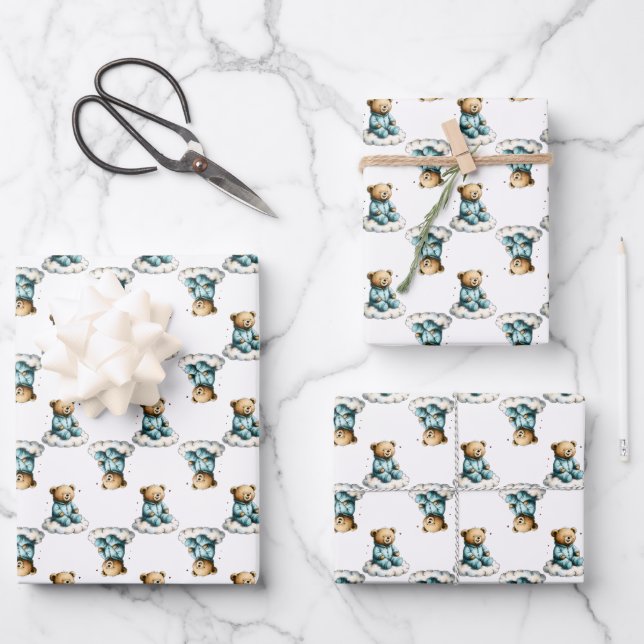 Cute Teddy Bear on a Fluffy Cloud Blue PJs Wrapping Paper Sheet (Front)